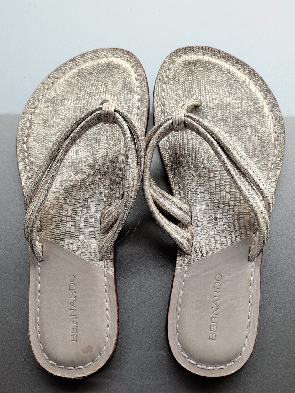 Bernardo Metallic Taupe Knot-Detail Thong Sandals